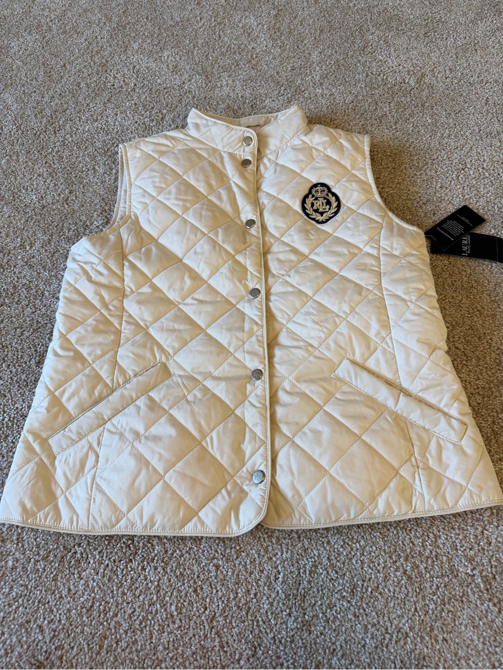 Lauren Ralph Lauren Quilted Vest Small Birch Tan Crest Patch NWT